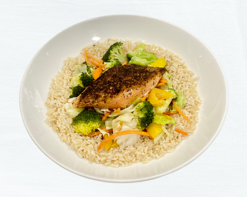 Blackened Salmon and Vegetable Stir Fry with Brown rice